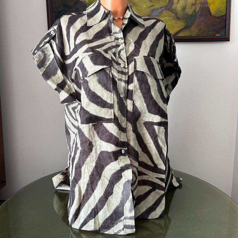 Massimo Dutti NWT Green Animal Print Linen Tunic Top